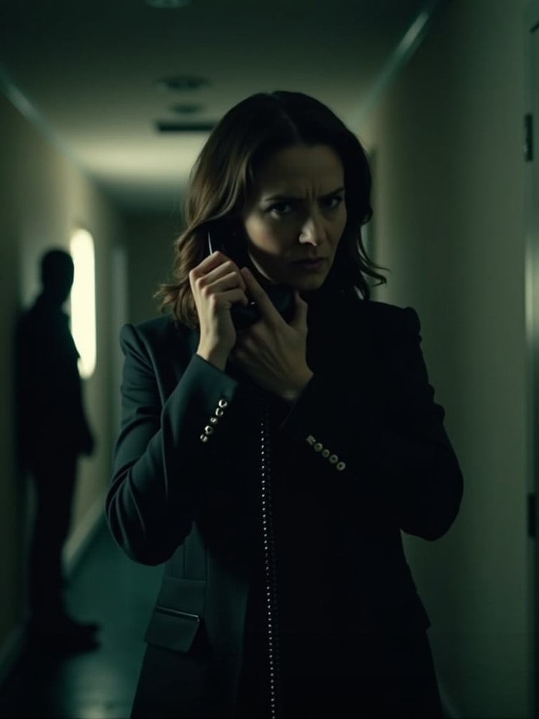 A woman in a dimly lit hallway grips a telephone. She appears distressed while receiving unsettling news. A shadowy figure lurks in the background, creating a sense of danger. The lighting casts eerie shadows, enhancing the suspense.