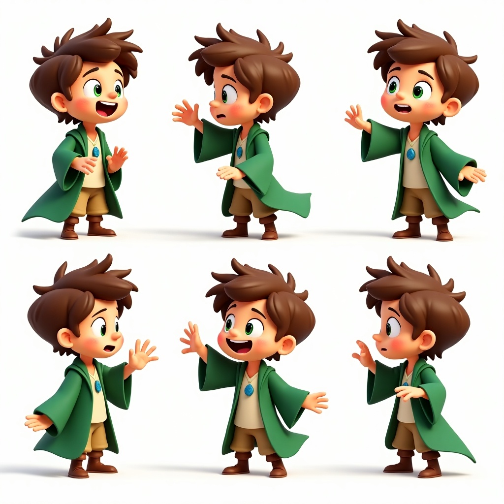 3D cartoon character of a 10-year-old boy. Wavy brown hair and bright green eyes. Wears green mage robes and a sapphire pendant. Displays a range of emotions including joy, sadness, anger, excitement, and curiosity. Lively movement reflects cheerful personality. Bright color palette suitable for children's media.