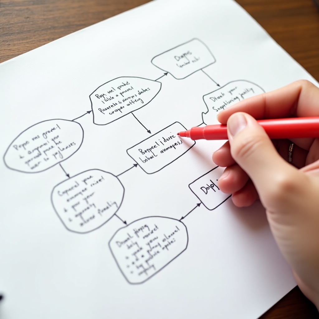 The image shows a detailed flowchart with handwritten notes on a piece of paper. A hand holding a red marker is pointing to a specific box in the flowchart labeled 'Budget Device.' The flowchart includes various branches representing different ideas and processes related to budgeting. The setting has a warm, natural light illuminating the paper, which is placed on a wooden surface. This image exemplifies a creative brainstorming session, showcasing the organization of thoughts and strategies easily accessible in visual format.