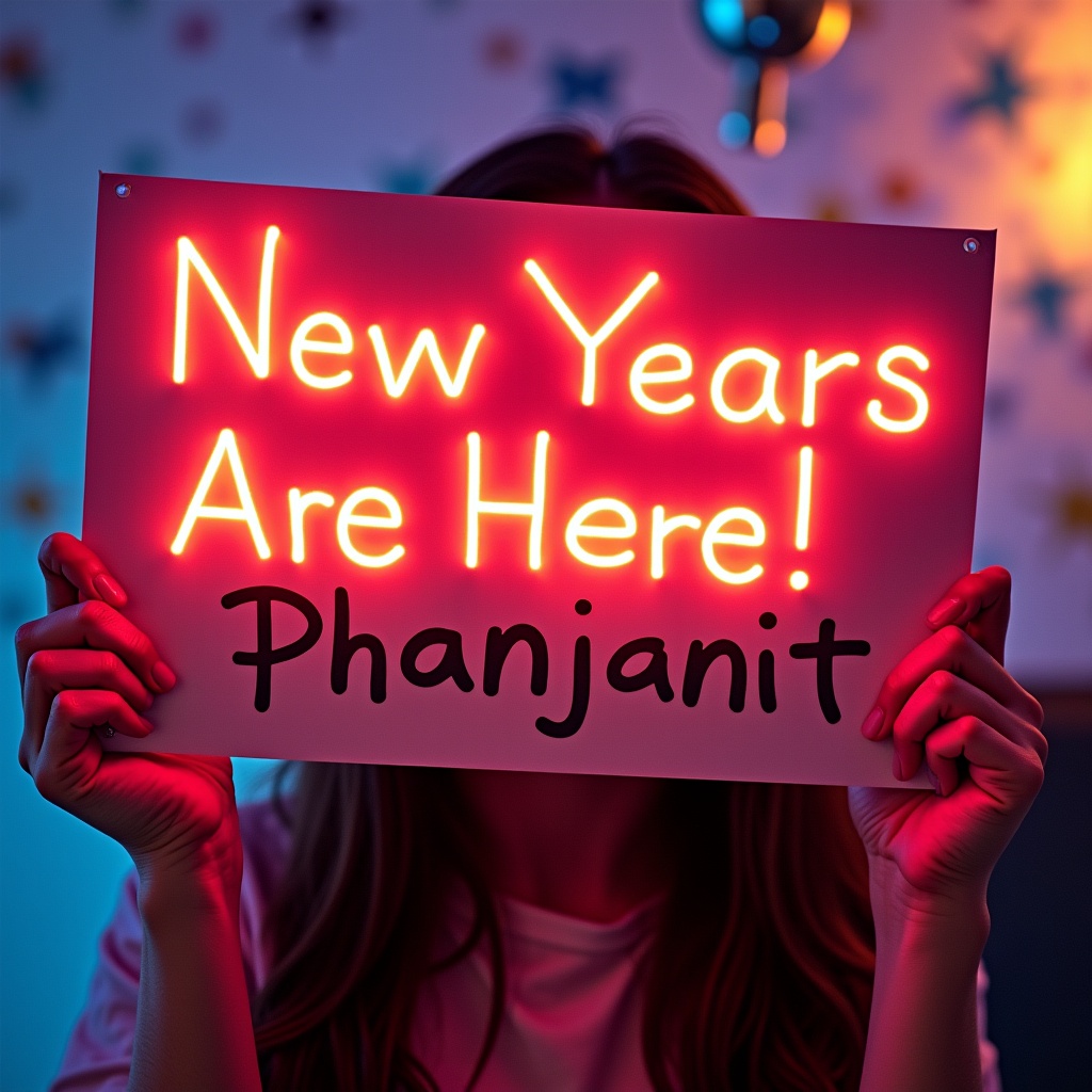 A person is holding a brightly illuminated sign that reads 'New Years Are Here!' in bold red text. The background is colorful and vibrant, creating a festive atmosphere. The name 'Phanjanit' is prominently displayed in bright colors. The sign stands out against the colorful backdrop, enhancing the celebratory mood. This image captures the excitement and joy of New Year celebrations.