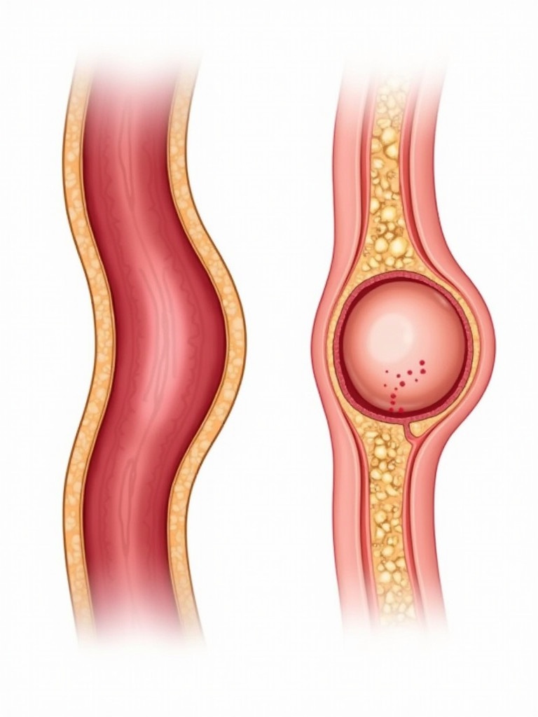 Medical illustration of an artery cross-section showing normal artery next to artery with aneurysm bulge. Clear and educational style with labels. Aneurysm displays thinning vessel wall with balloon-like protrusion. Soft medical colors used.