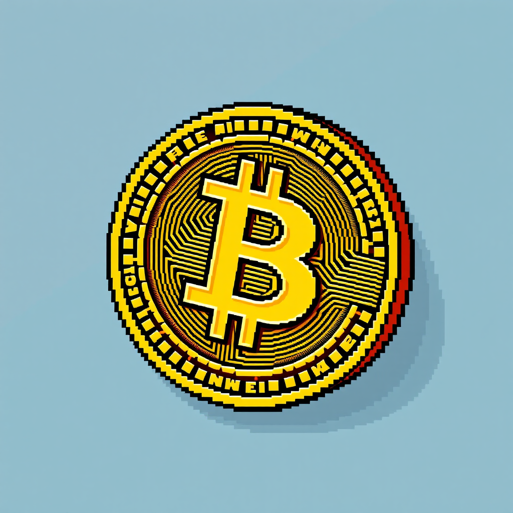 A pixel art representation of a Bitcoin coin on a light blue background.