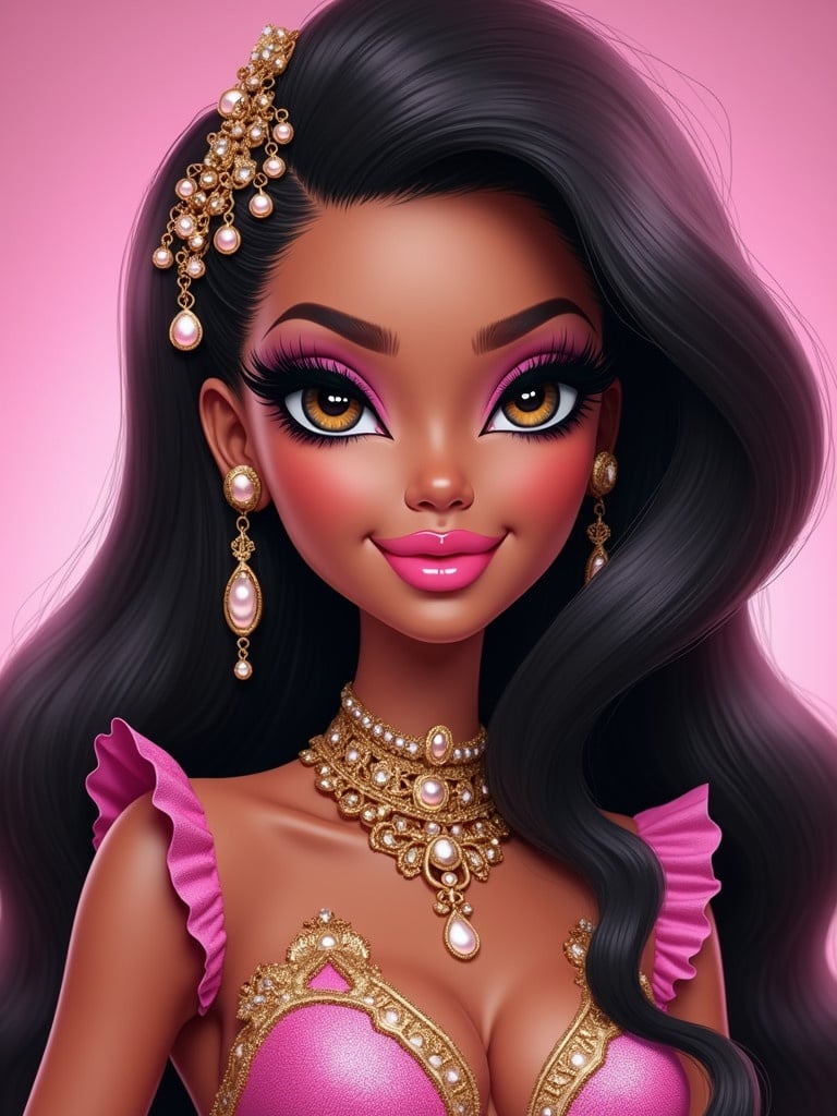 Transform the portrait into Bratz style. Stylized features include large bright eyes and full lips. Smooth flawless skin with glamorous and vibrant makeup. Elaborate hairstyle with fashionable outfit inspired by Bratz dolls. Clean background with a touch of glamour.