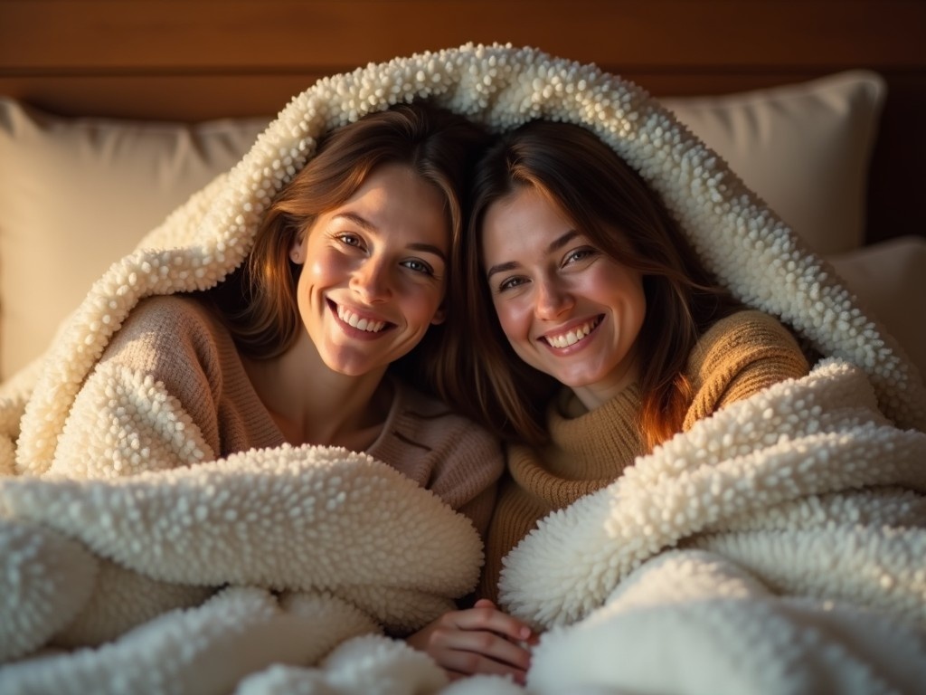 This image depicts two friends lying together in bed under a fluffy blanket. They are both smiling, exuding warmth and happiness. The room is softly lit, enhancing the cozy atmosphere. The blanket adds a touch of comfort and intimacy to the scene. This image perfectly captures a moment of joy and companionship between two people.