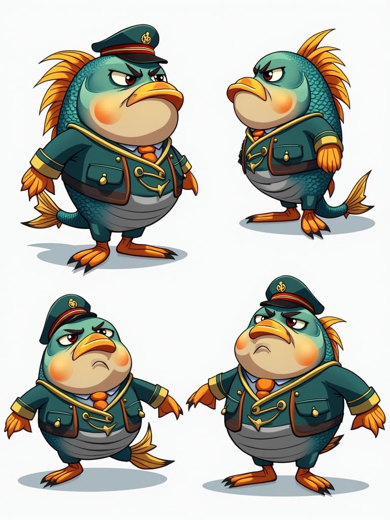 Cartoon fish in army uniform. Fish appears grumpy. Different angles presented. Character is colorful.