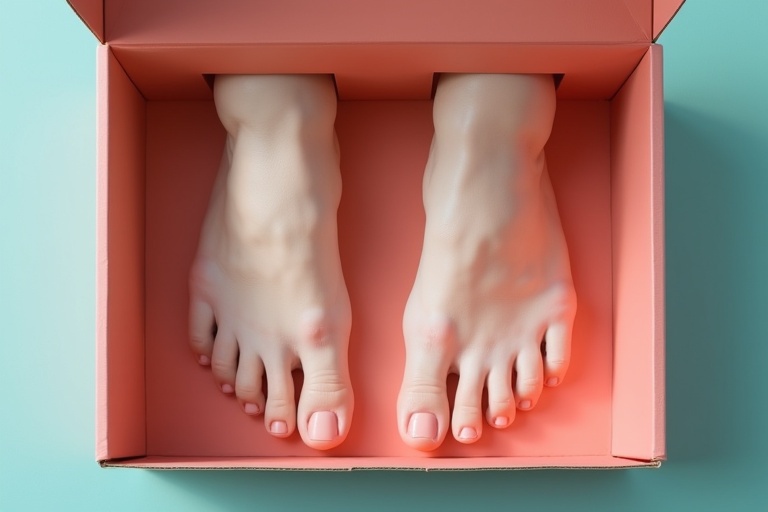 A pair of realistic female feet inside a neatly placed pink box. The feet are well-groomed with painted toenails. The background is a soft pastel blue.