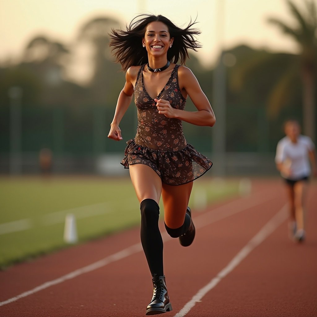 The image captures a vibrant low angle shot of a model sprinting on a sports oval at dusk. She showcases a fit physique, wearing a unique floral dress with thigh-high black socks and boots. The scene is set at Kenmore High in Brisbane, creating an energized atmosphere. Her golden-brown skin glistens, symbolizing vitality. The model's laughter engages viewers, enhancing the dynamic nature of the image.