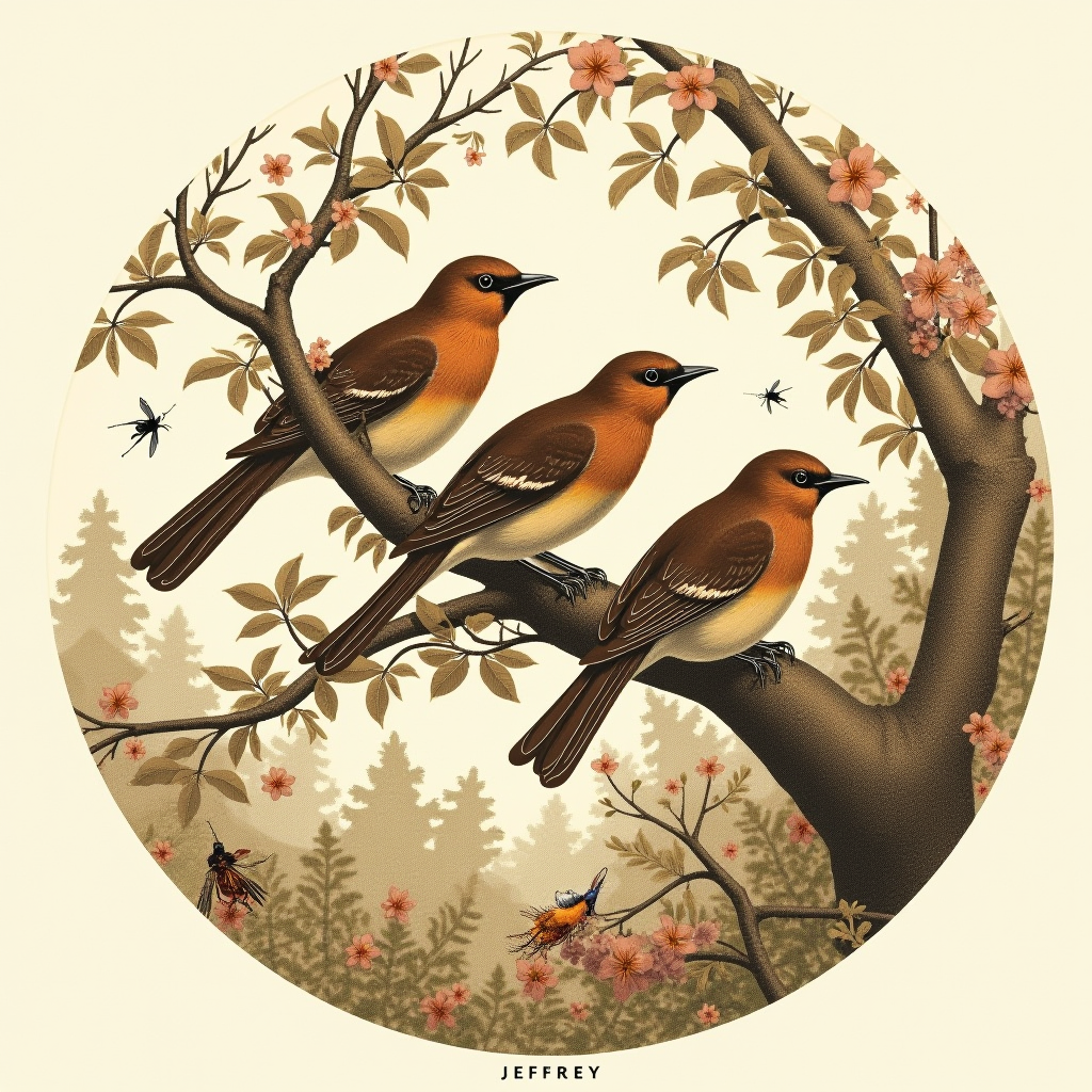 Three birds perch on a flowering branch amidst a scenic forest backdrop.