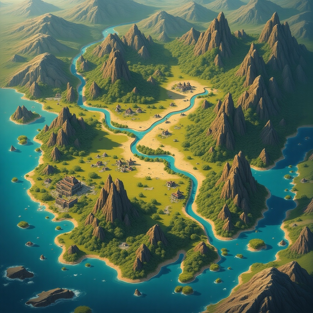 A detailed and colorful fantasy map featuring diverse landscapes. An island is surrounded by water and has a winding river cutting through mountains. Villages and structures are positioned along the river. A lush green area contrasts with the rocky mountains. Overall, a vibrant fantasy world is depicted.