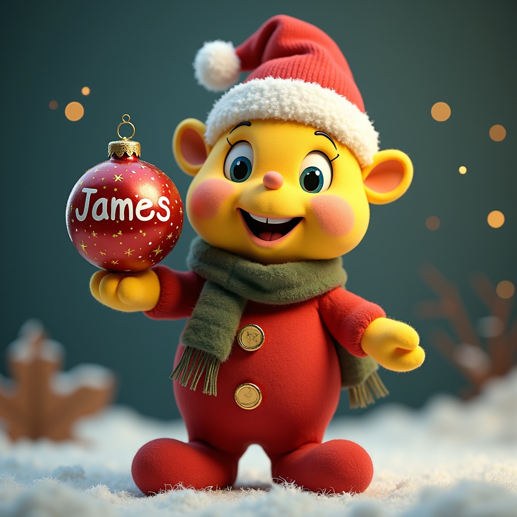 The image features a cheerful character reminiscent of a popular animated style. Dressed in a festive outfit, it is holding a bright red Christmas bauble. The bauble is personalized with the name 'James' in a playful font. The background is a soft blur with hints of twinkling lights, enhancing the holiday mood. The character features large expressive eyes and a friendly smile, conveying a sense of joy and warmth during the festive season.