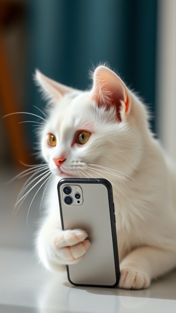 A fluffy white cat holding a smartphone as if taking a selfie.