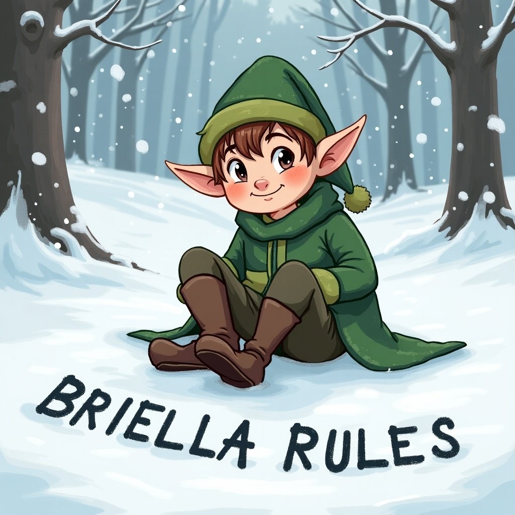 An elf sits in the snow. The elf wears a green coat and brown boots. The elf writes BRIELLA RULES in the snow with a stick. Snowy trees surround the scene. Soft lighting creates a peaceful atmosphere.