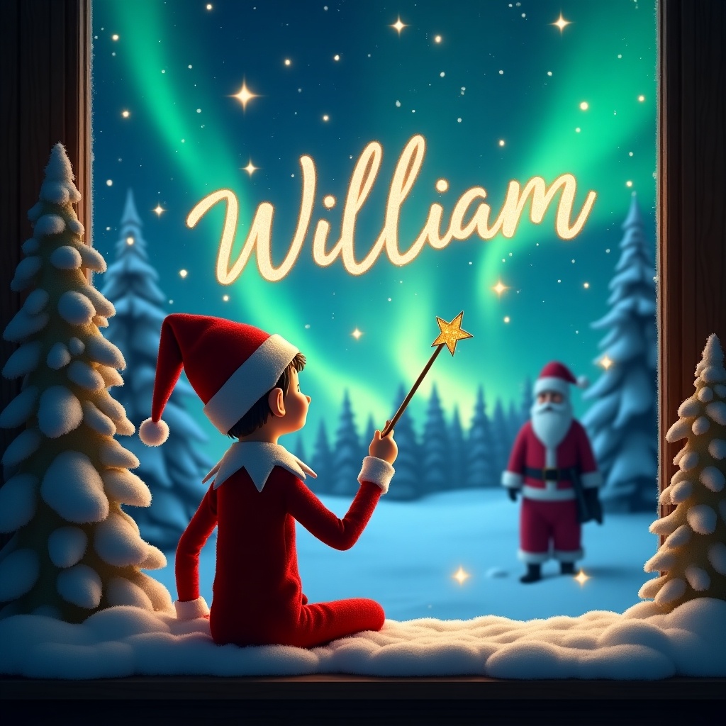 The image depicts an elf in a red outfit facing a winter night sky. The elf writes 'William' in the stars using a wand. Northern lights illuminate the scene with snow-covered trees nearby. A distant silhouette of Santa adds a festive touch.