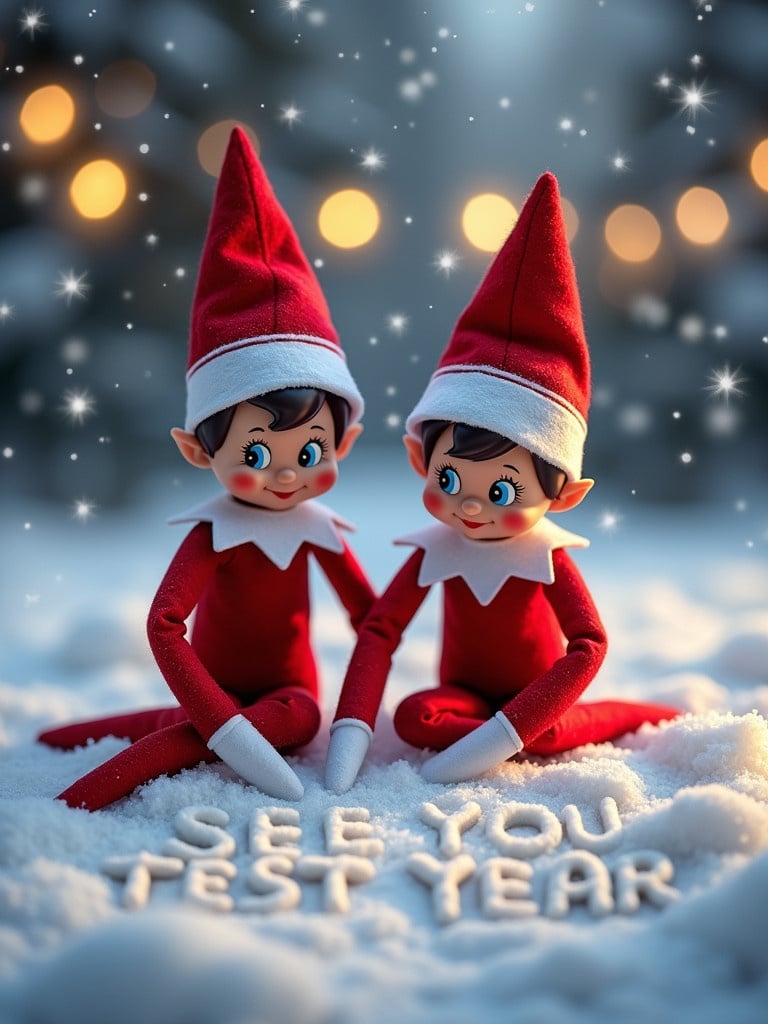 Two cheerful Elf on the Shelf figurines sit in a snowy landscape. Each elf wears a red outfit with a pointed hat. They write 'SEE YOU NEXT YEAR' in the snow. Snowflakes fall around them. Bokeh lights and softly lit trees are in the background. The scene conveys a cozy holiday spirit.