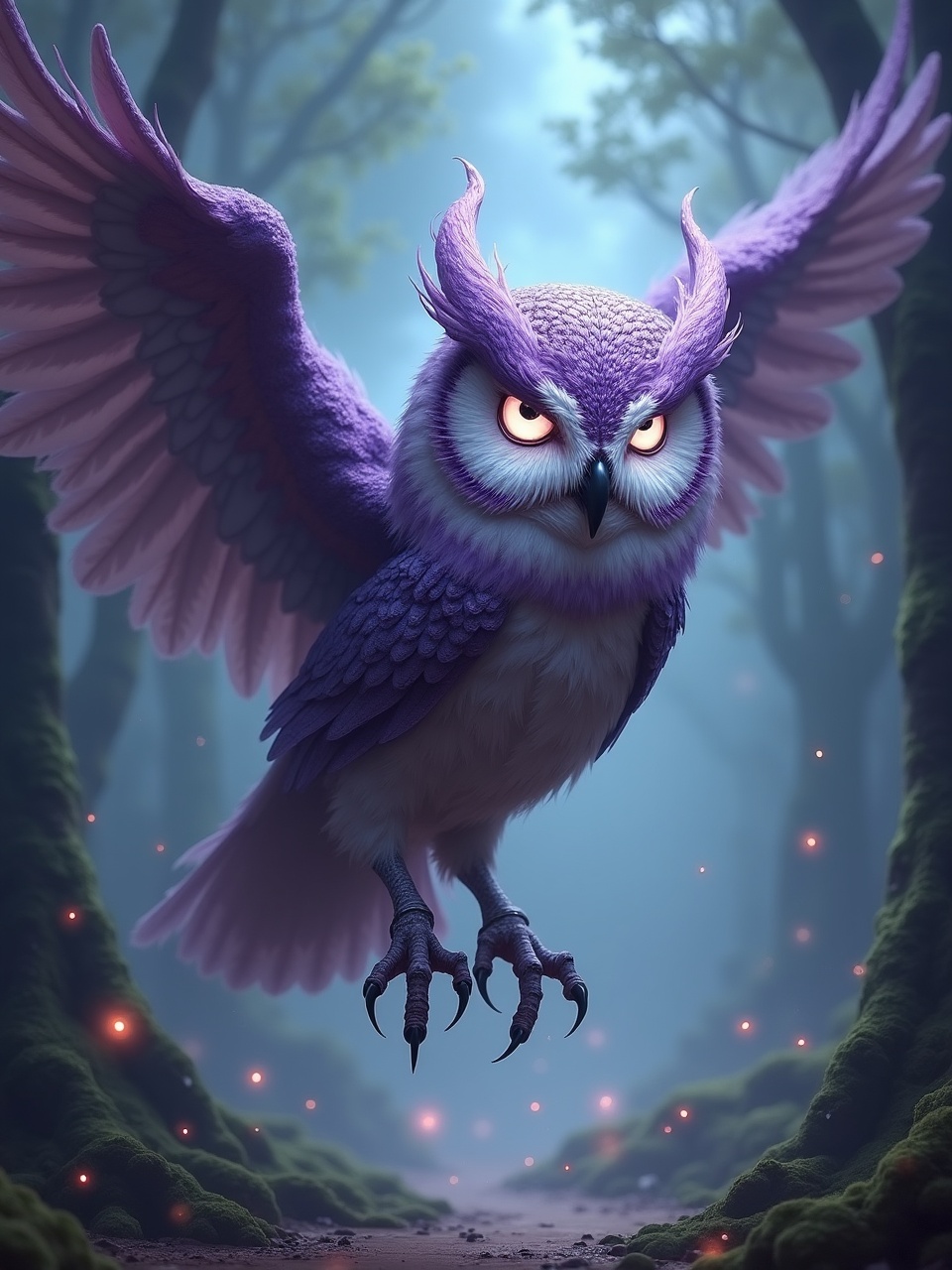 In a mystical forest, a purple owl with expressive eyes and majestic wings takes flight, capturing the viewer’s imagination. The forest is dimly lit with an ethereal glow, and tiny glowing orbs float around, adding a magical ambiance to the scene.