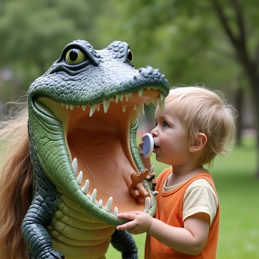 Playful mother interacts with 10 year old child. Child fits into mouth of lifelike alligator. Child holds oversized pacifier. Scene set in vibrant outdoor park.