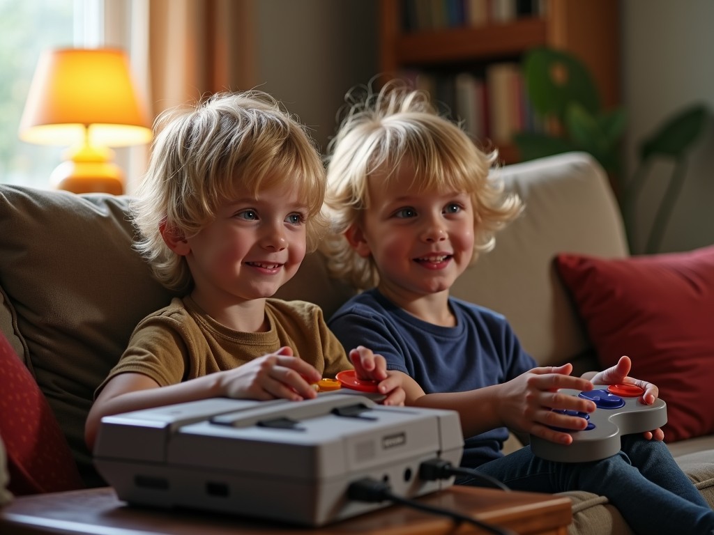 The image captures two young children playing a video game together on a cozy living room couch. They are smiling and holding game controllers, immersed in their gaming experience. The warm lighting from a nearby lamp casts a comforting glow, adding to the cozy ambiance of the room which features soft furnishings and bookshelves.