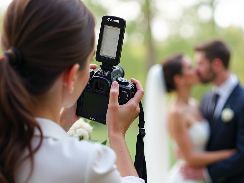 A professional photographer captures a beautiful moment at a wedding. She is wearing a white blouse and has a Canon camera with a flash attached. The perspective shows her focusing on the bride and groom in front of her. The scene is set in a lush outdoor environment with soft lighting. Her dedicated pose indicates a professional and artistic approach to capturing weddings.