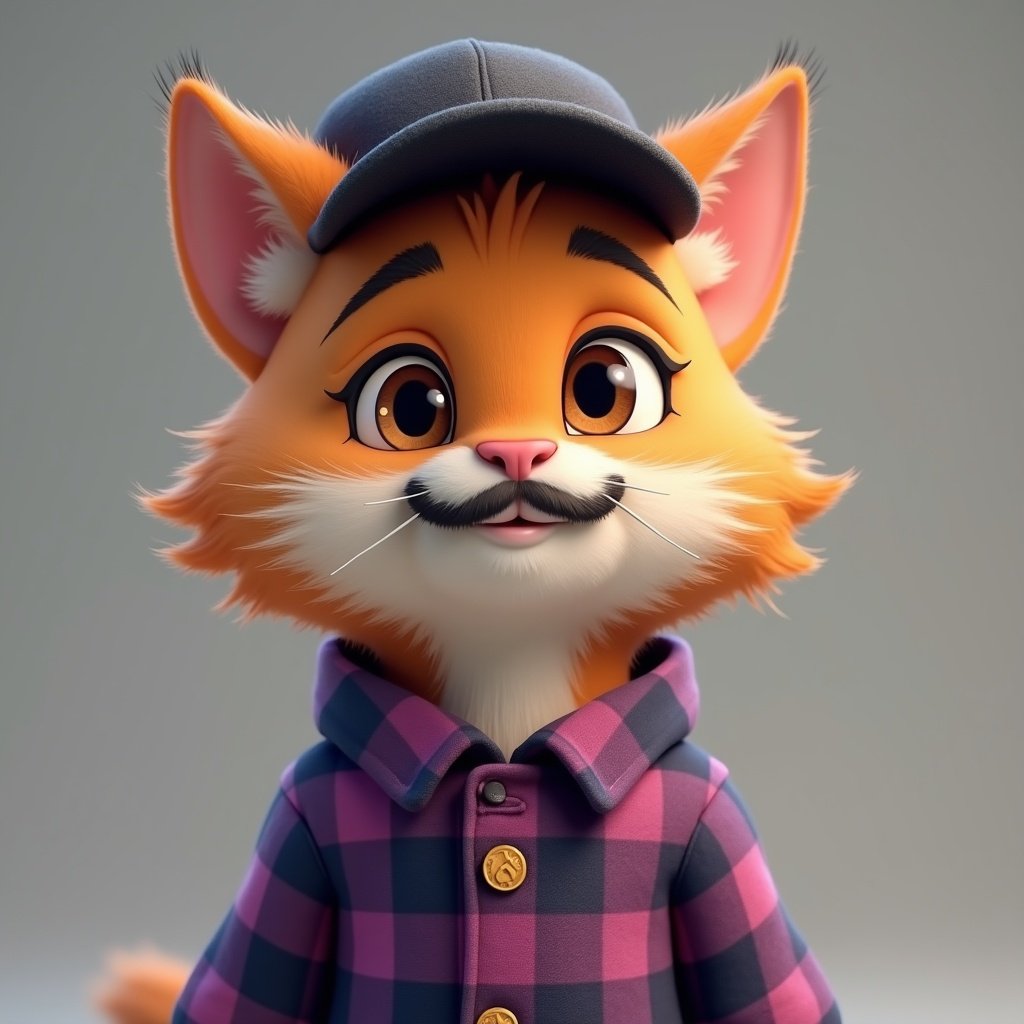 Image features a cartoon character resembling a cat. Character wears a purple plaid flannel and a black cap. The character has a small beard and mustache. Eye color is brown.