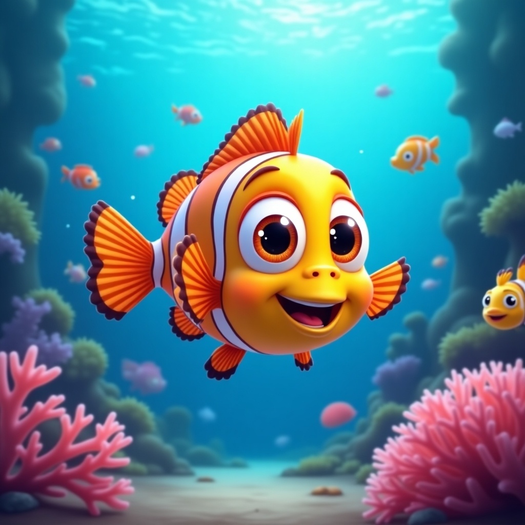 A small, colorful fish named Flo swims happily around a vibrant coral reef. Behind her, the underwater scene is filled with a variety of bright coral and playful, colorful fish. The water glimmers with the sunlight filtering down from above. The corals sway gently, adding movement to the lively scene. Flo's big eyes and cheerful expression convey a sense of joy and adventure in this enchanting underwater world.