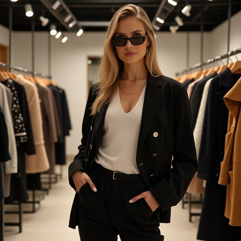 The image features a stylish female model confidently posing in a sophisticated studio environment. She is wearing a trendy outfit that highlights the latest fashion trends. The background showcases clothing racks and designer accessories, emphasizing a boutique vibe. The studio is well-lit, creating a warm and inviting atmosphere. The model's look and surroundings are seamlessly integrated, giving a sense of professionalism and creativity suitable for fashion marketing.