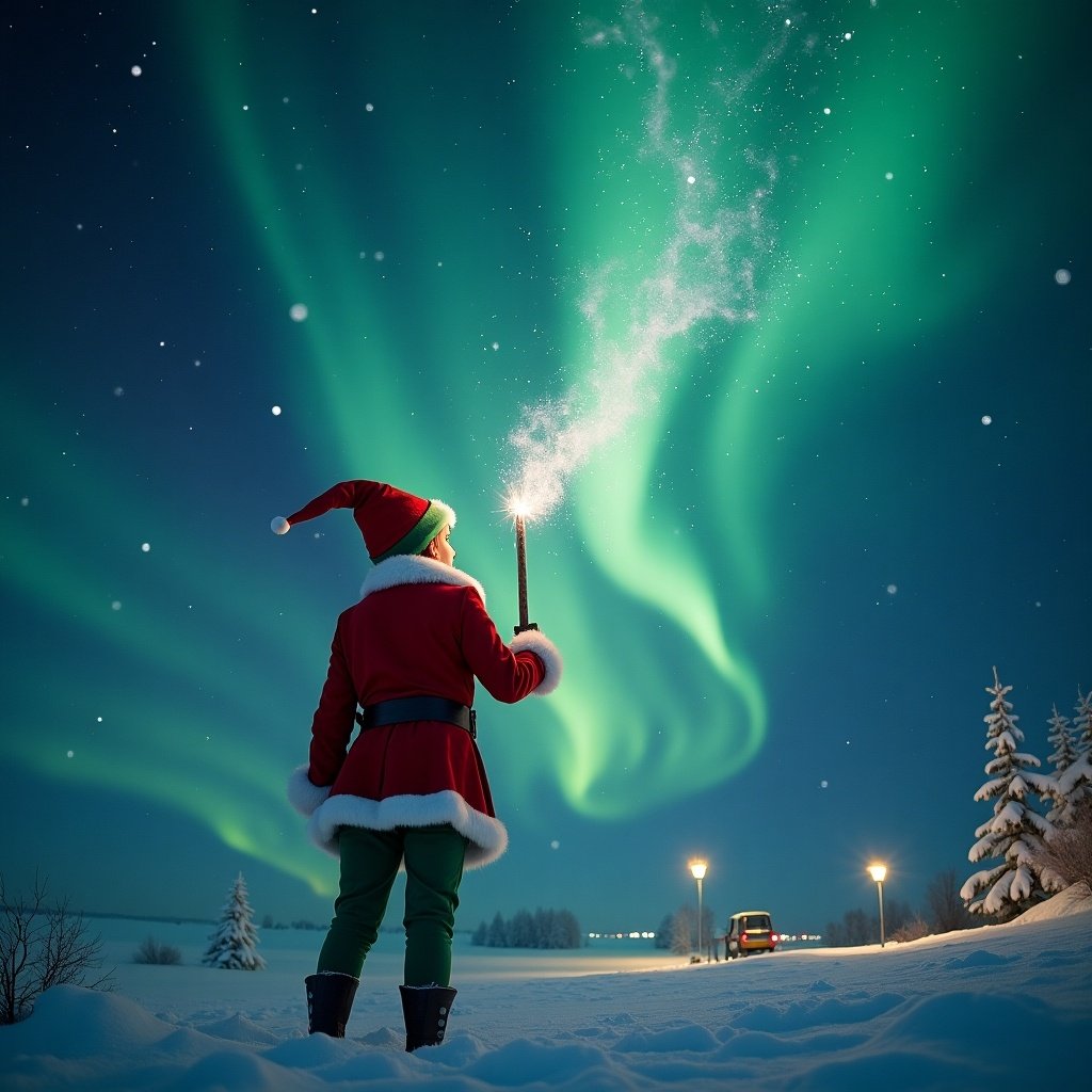 Elf dressed in festive attire looks up at northern lights. Wand creates magical trails in the air. Snowy landscape features a distant Santa in a sleigh. Name Landon appears in the sky.