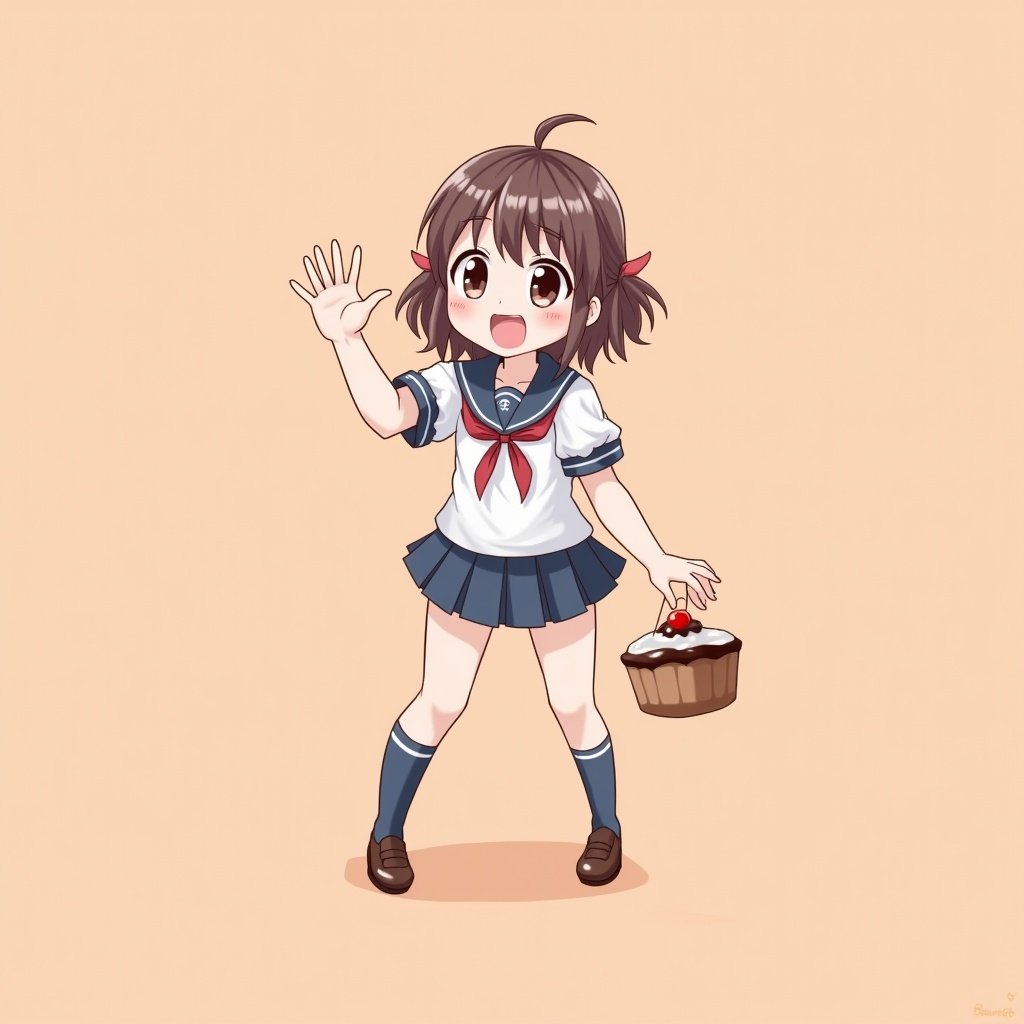 Anime girl is waving. She is wearing a Japanese school uniform. She holds a pudding. Background is peach colored.