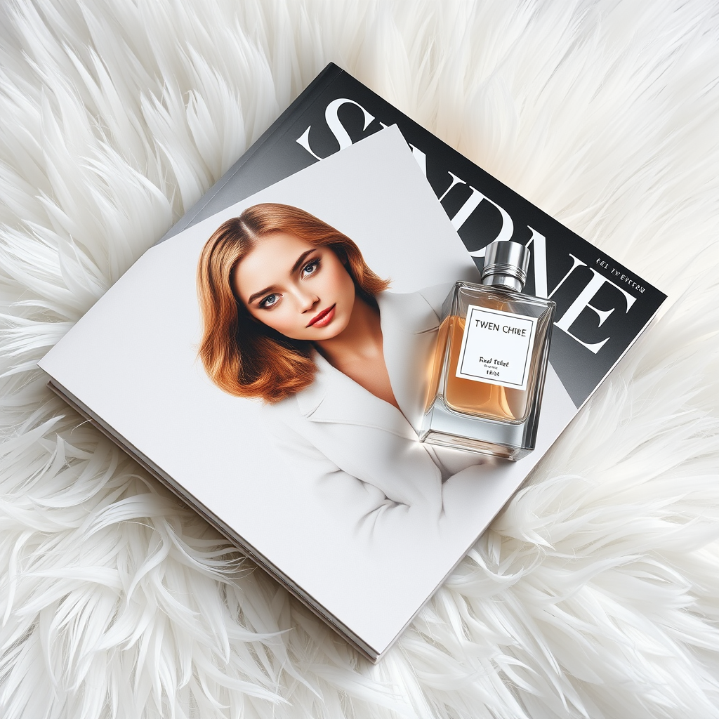 A magazine with a photo of a woman and a perfume bottle on a white, fluffy surface.