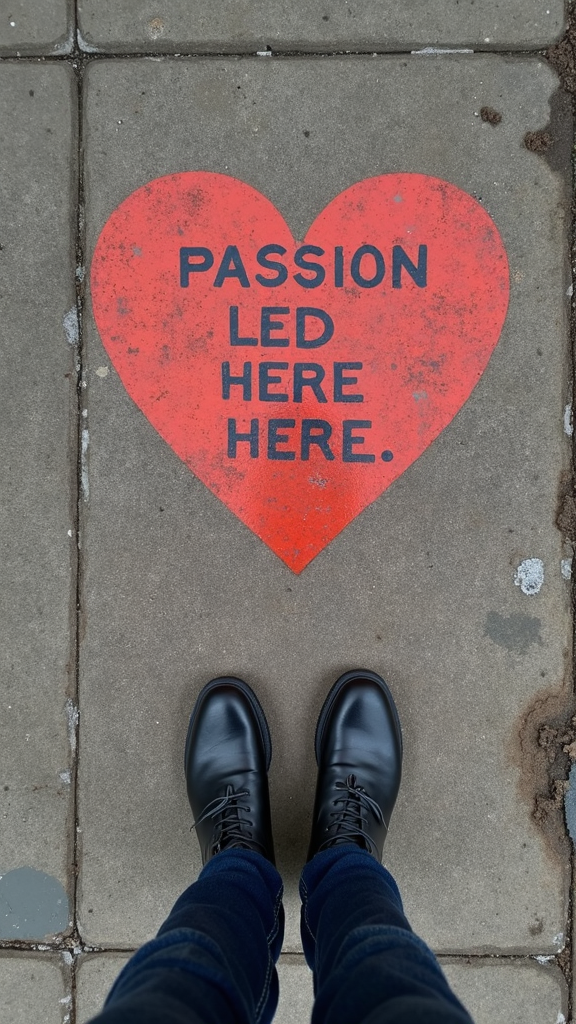 A person wearing black boots stands on a sidewalk with a red heart painted on it, featuring the words 'PASSION LED HERE.'