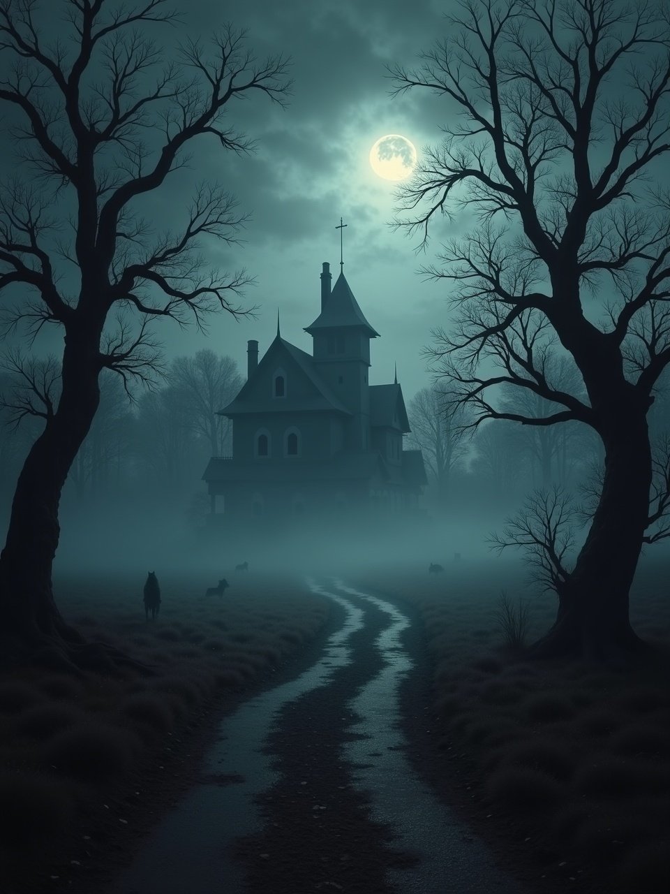 A haunted house is situated in a misty landscape. Tall, bare trees frame the scene. A winding path leads to the house. A full moon illuminates the atmosphere. Fog envelops the ground; a sense of mystery prevails.