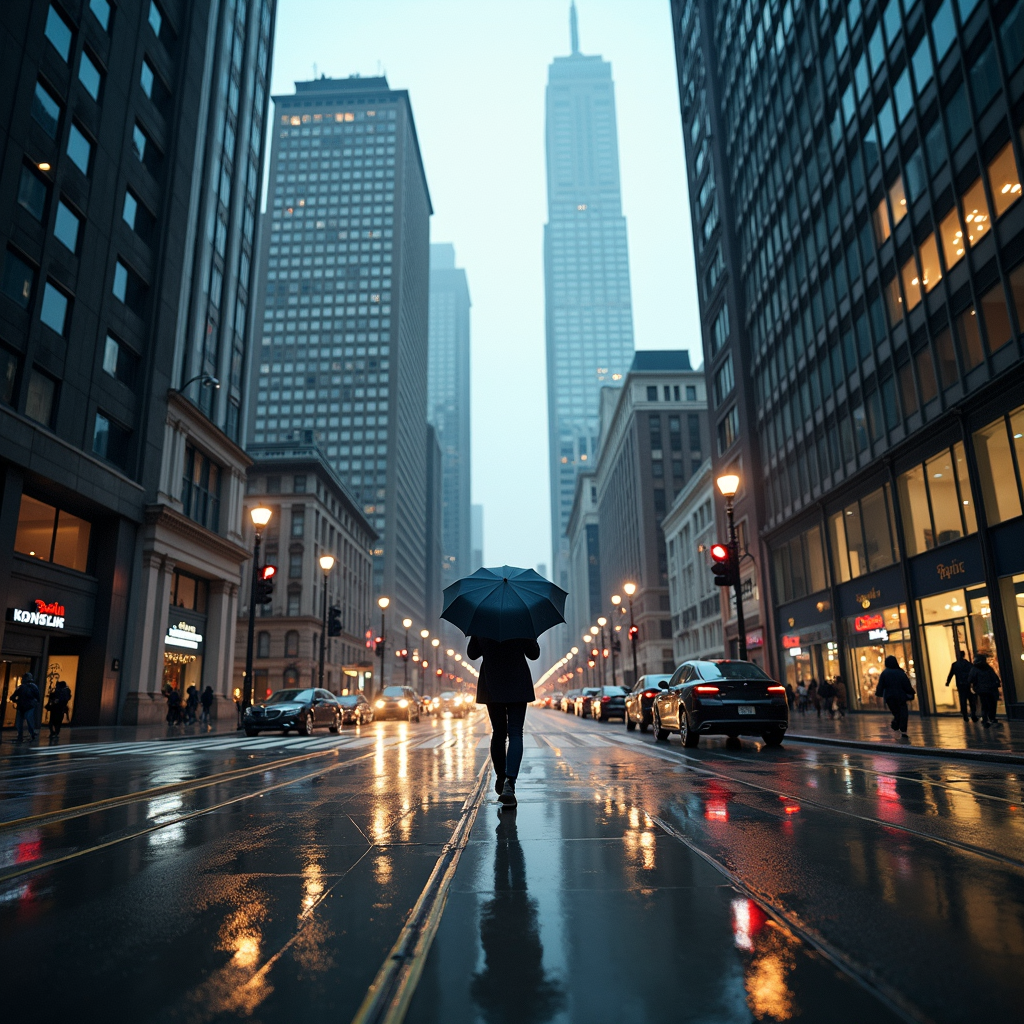 A lone figure walks down a wet city street with towering skyscrapers and dimly lit traffic lights.