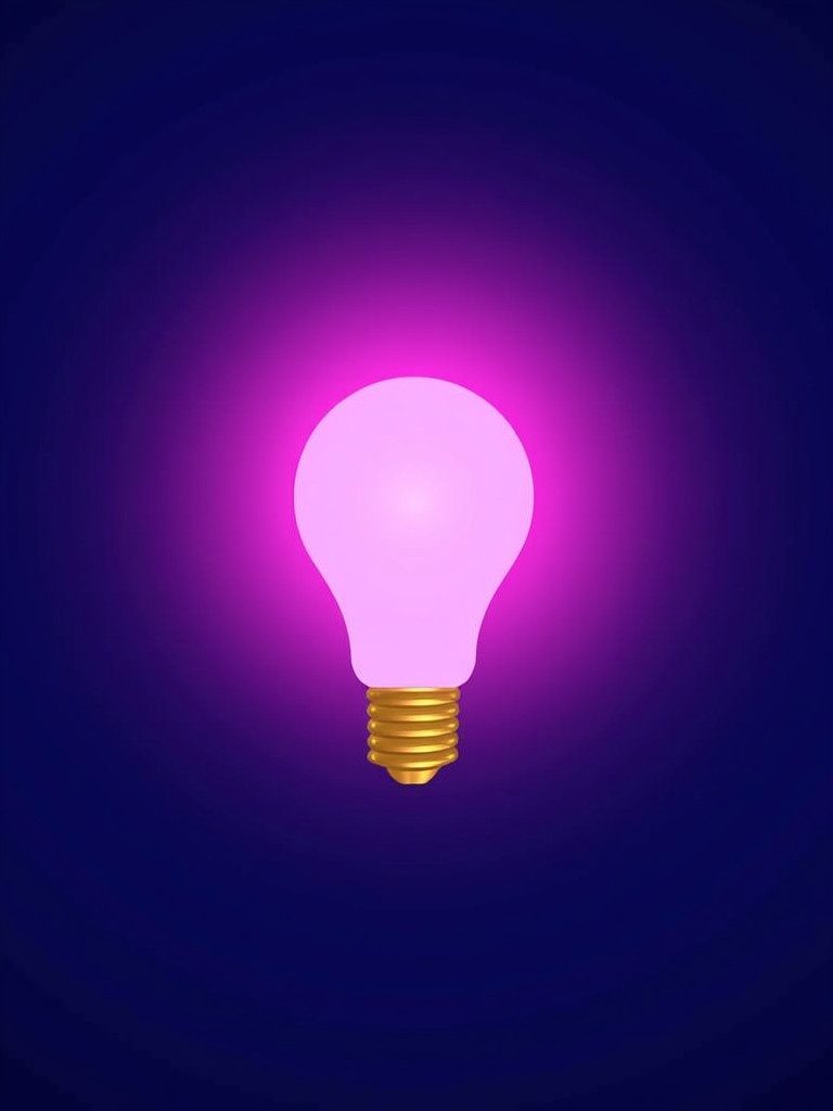 A glowing light bulb in pink color. The background is deep blue. The light bulb has a gold base. Light radiates from the bulb.