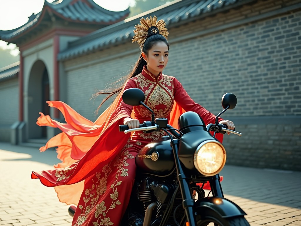 a woman in traditional Asian attire riding a motorcycle in a historical setting