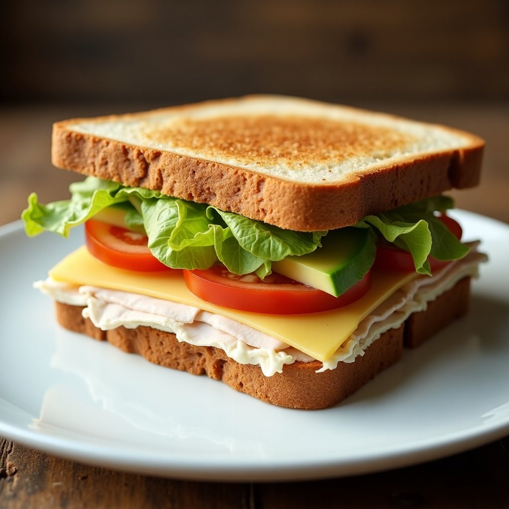 Toast sandwich with sliced smoked turkey and cheese. Ingredients include avocado, iceberg lettuce, tomato, and mayonnaise. Presented on a white plate.