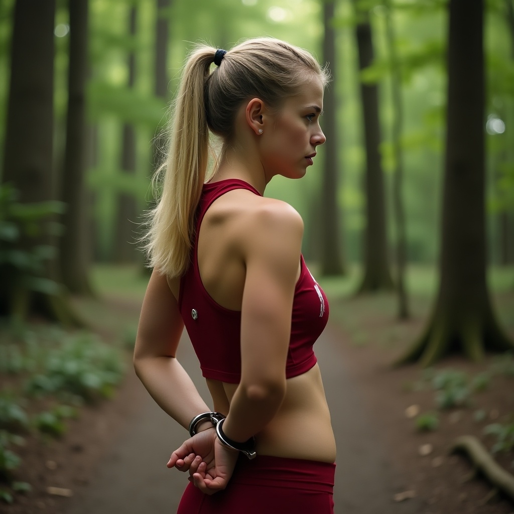 A blonde woman in athletic attire stands in a lush green forest. Her hands are handcuffed behind her back, showcasing a sense of strength and resilience. She is depicted from the side, with her gaze focused ahead. The scene is surrounded by tall trees, adding depth to the forest ambiance. Soft light permeates the space, creating a calm yet empowering atmosphere. This image conveys themes of overcoming challenges and personal determination.