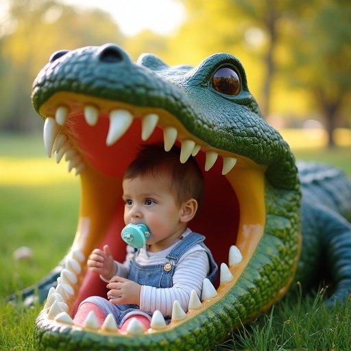 Scene with a child engaging with a toy alligator. Child holds a large pacifier. Outdoor park setting with greenery. Joyful and playful atmosphere.