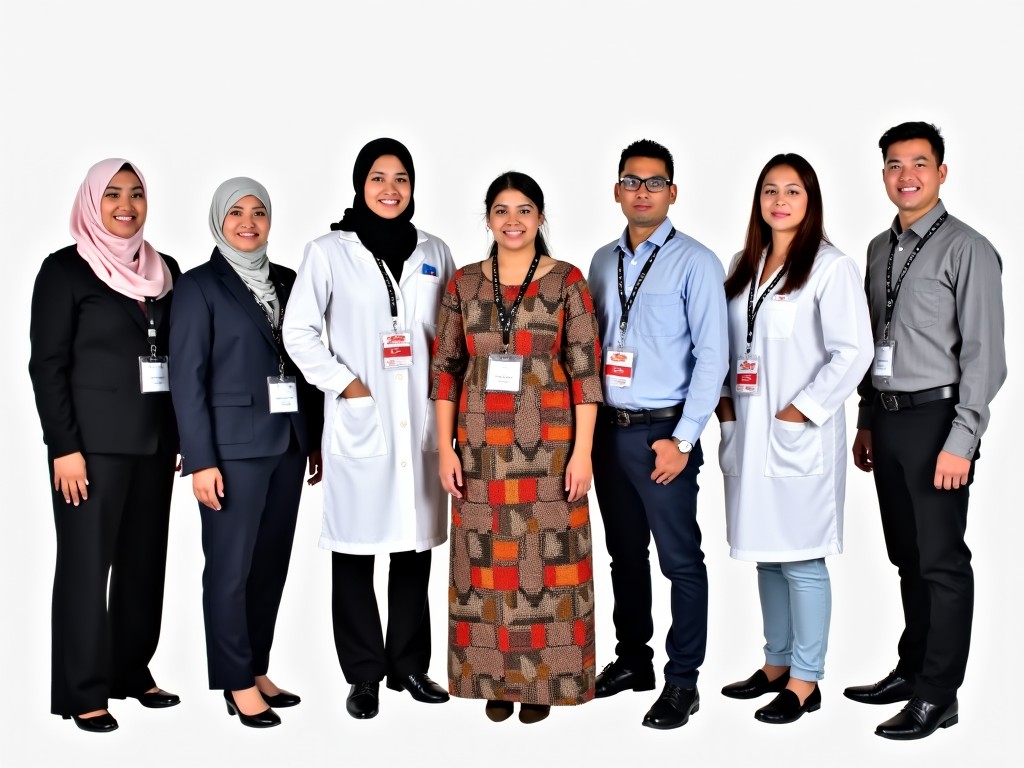 The image shows a group of nine people standing in a line, each wearing an ID badge. Three women are on the left, wearing headscarves and business attire. Next to them are three individuals in white uniforms, indicating they might be healthcare professionals or related to a medical field. In the middle, a person is dressed in a colorful traditional attire, which stands out among the rest. Two men on the right are in casual or work shirts, with a business-casual appearance. The background is plain, emphasizing the diversity of attire and professions among the group.