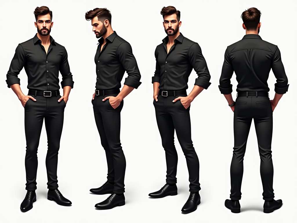 The image features a stylish male character dressed in an elegant black outfit. He is depicted in various poses, including front, side, and back views, to highlight the details of his attire. The outfit consists of a fitted black shirt and tailored pants that enhance his figure. Stylish shoes complete the look, contributing to a polished appearance. The character possesses a well-groomed beard and exhibits a confident stance, showcasing his fashion sense. The background is minimalistic, allowing the character's stylish look to take center stage.