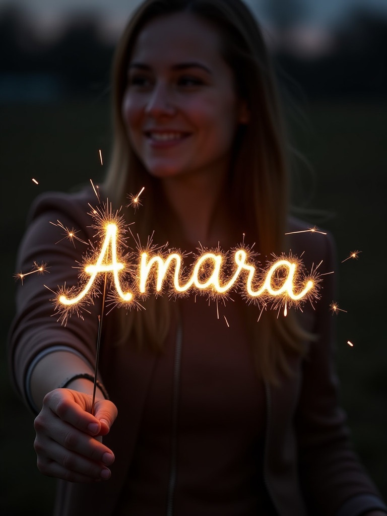 Name Amara written in bright sparkler light. Woman smiling while holding sparkler outdoors with blurred background.