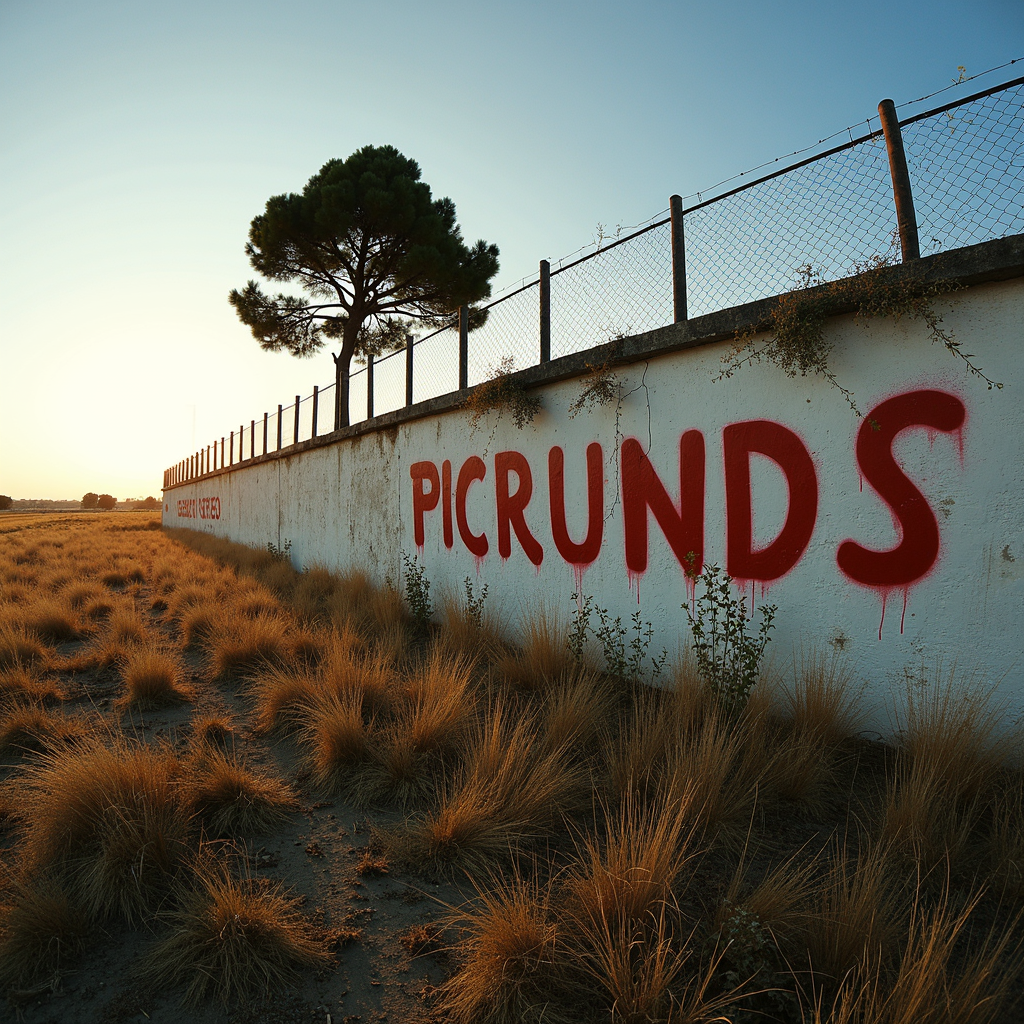 A wall with red graffiti reading 'PICRUNDS', topped with a wire fence, along a grassy field at sunset.