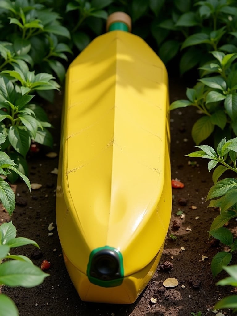 A coffin designed in the shape of a banana. Bright yellow color with green and black details. Surrounded by green leaves and small flowers in a garden setting. Smooth surface shines under natural light. Ground-level perspective enhances visual appeal.