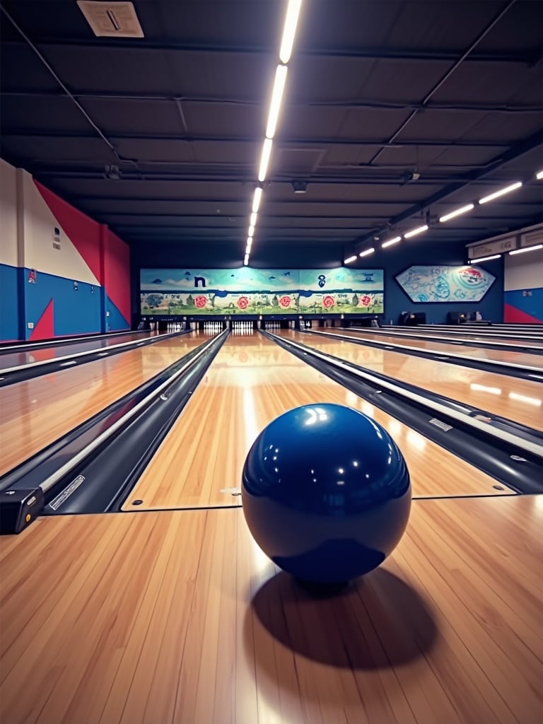 Bowling alley interior scene featuring blue bowling ball in foreground and bowling lanes in background with colorful wall art