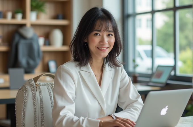 A woman in a white shirt smiles at her laptop in a cozy, light-filled room.