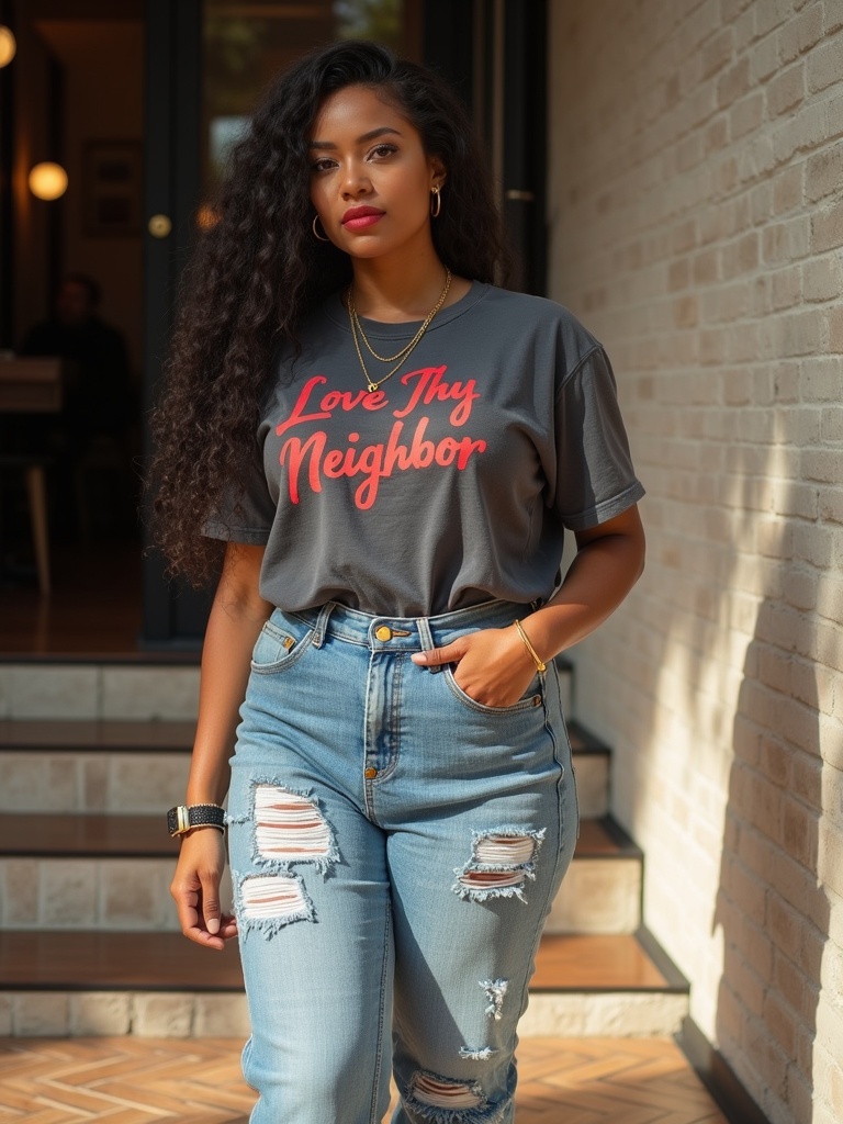 A confident girl stands against a neutral brick wall. Natural light softly illuminates her. Her outfit includes a boxy gray t-shirt with red cursive text. She wears wide-leg distressed jeans. Accessories include gold chains and an Apple Watch.