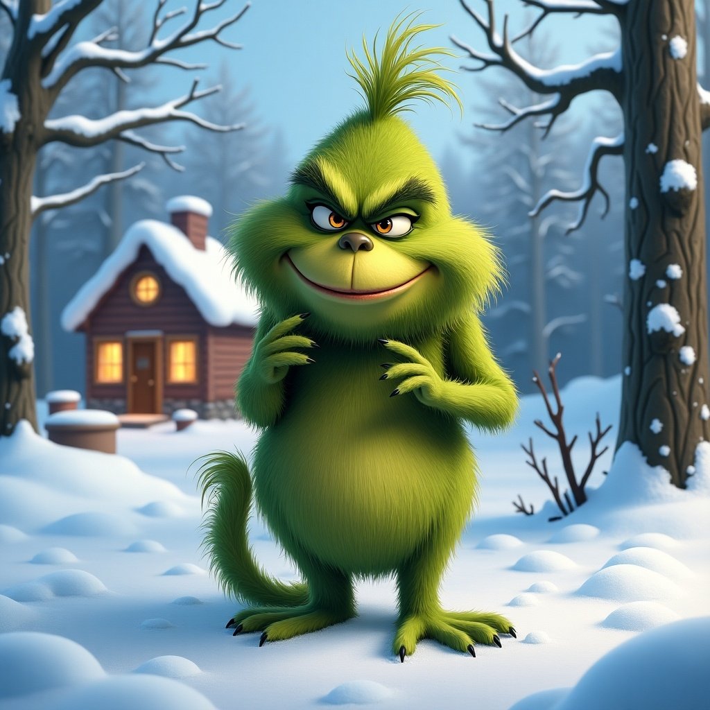 Animated Grinch character in snowy background with a house. Grinch looks mischievous standing in snow. Name Reid Kyndal written in the snow.