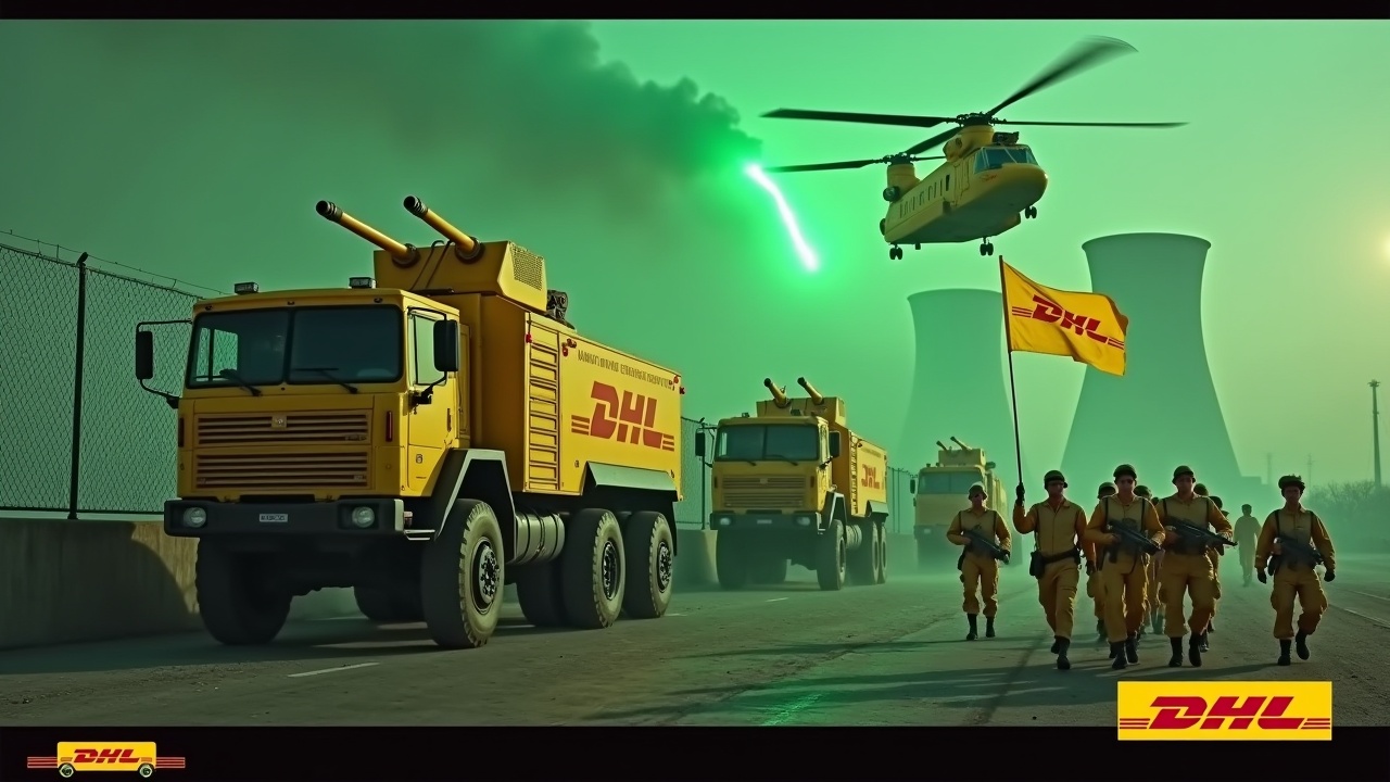 In a dramatic scene, several large yellow armoured trucks equipped with double-barrel roof mounted cannons approach a fence. The sides of the trucks prominently display the DHL logo. Nearby, soldiers in yellow uniforms march in unison, some holding rifles and one waving a flag displaying the DHL logo. In the background, smokestacks of a nuclear power plant are visible, glowing green. A Chinook CH-47 cargo helicopter flies above, intensifying the atmosphere. The bottom features the DHL logo in bold yellow text for emphasis.