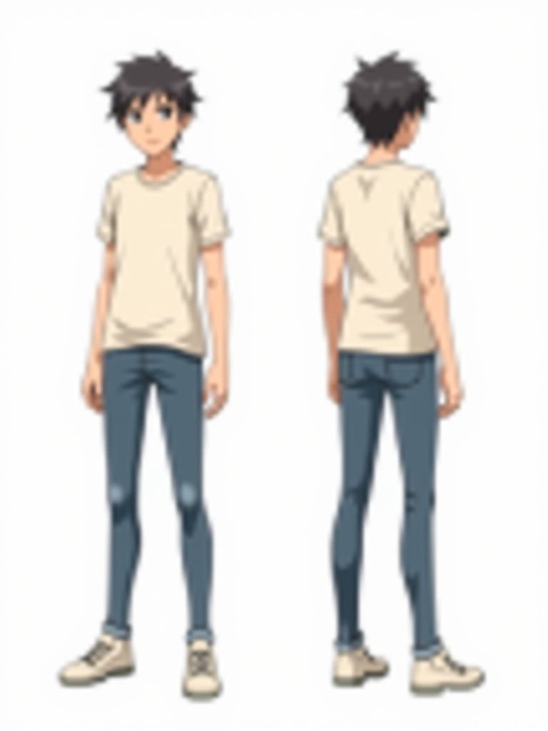 Anime character in T-pose is shown from front and side views. Character wears a light t-shirt and skinny jeans. Character features a sleek hairstyle with highlights.