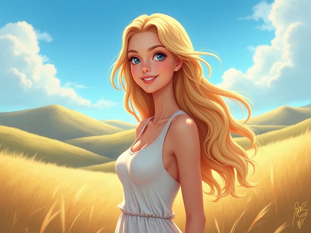 A digital illustration of a smiling young woman with long blonde hair standing in a golden field under a bright blue sky with fluffy clouds.