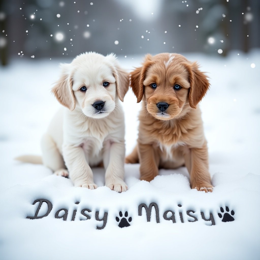 White and ginger Cockapoos playing in snow with names Daisy and Maisy.