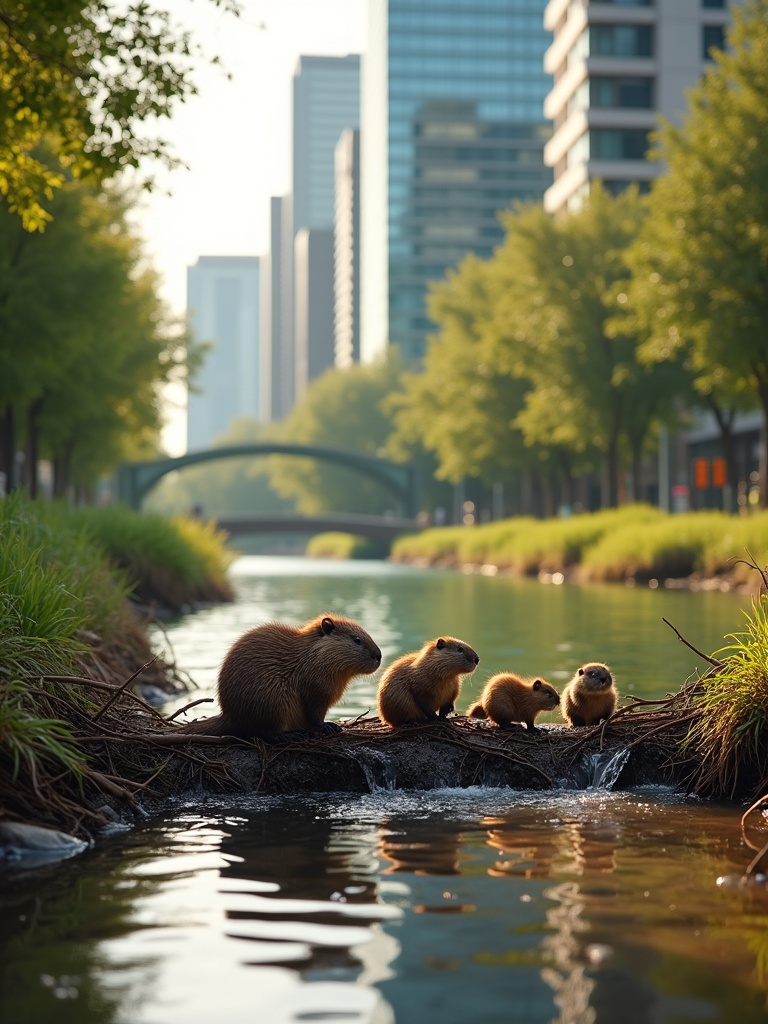 A picturesque urban creek winds through a modern cityscape with buildings. A beaver family builds a dam using twigs and branches. Baby beavers help their parents. The water flows gently around them. The scene features warm golden light. Glass buildings and lush greenery are visible. High detail is present with ultra-realistic textures. Cinematic lighting is emphasized. Image quality is 8K resolution.